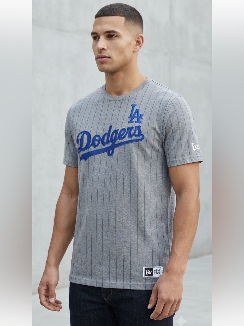 NEW ERA LOS ANGELES DODGERS GRAY PINSTRIPE SHORT SLEEVE T-SHIRT Sz Large
